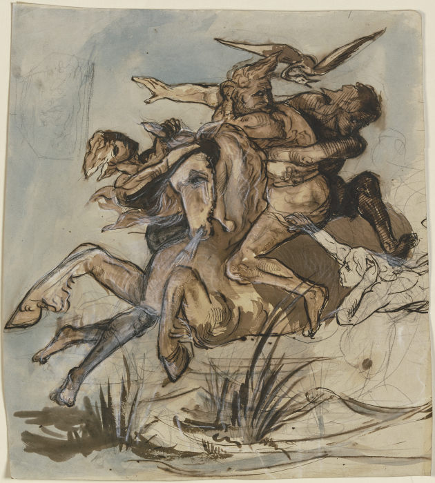 Bärtiger Mann in Begleitung eines Vogels auf einem Pferd im gestreckten Galopp, drei Gestalten suche a Victor Müller