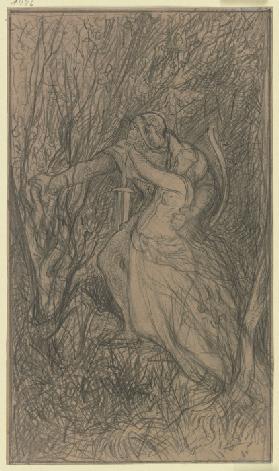 Ein Krieger, der eine Frau im Arme hält, im Walde