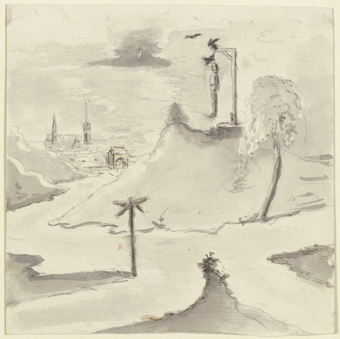 Ein Mann hängt am Galgen, im Hintergrund eine Stadt a Victor Müller