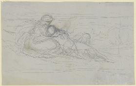 Eine junge Frau und ein Jüngling, den Kopf in ihren Schoß gelegt, auf einem Hügel lagernd
