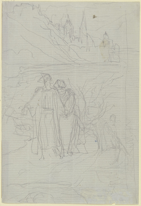 Schreitendes Paar am Ufer, rechts ein Kahn mit Schiffer a Victor Müller