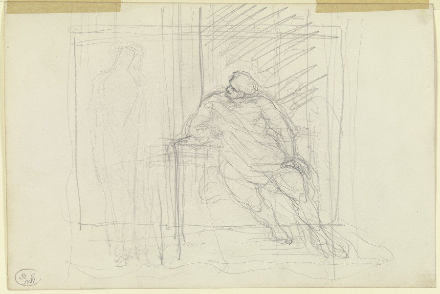 Sitzender Mann, sich einer links stehenden (weiblichen?) Gestalt zuwendend a Victor Müller