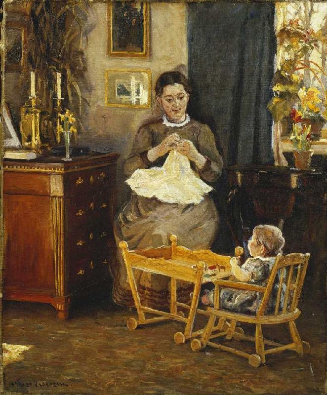Interior with a mother doing needlework (the wife of the artist) a Viggo Pedersen