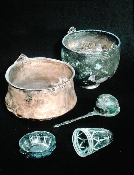 Selection of funerary goods including two cauldrons, from Sweden a Viking