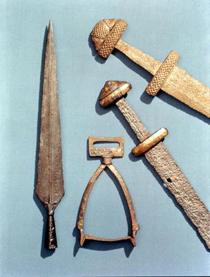 Viking swords, stirrup and spearhead (details) a Viking