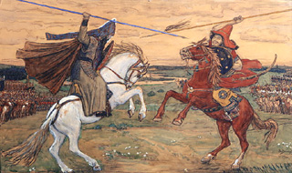 Peresvet und Tschelubey kämpfen auf dem Kulikov-Schlachtfeld 1380 a Viktor Michailowitsch Wasnezow