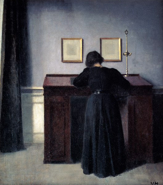 Woman, writing at a high desk. a Vilhelm Hammershoi