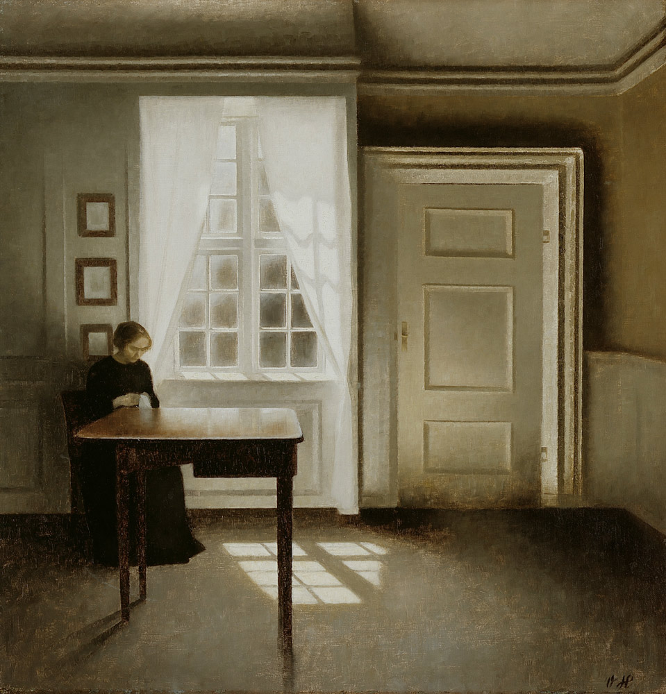 Interior with a sewing woman a Vilhelm Hammershoi