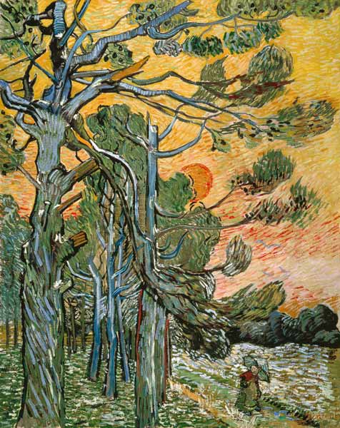 Pines with setting sun and female figure a Vincent Van Gogh