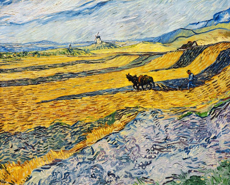 Campo con contadino ararando e il mulino a Vincent Van Gogh