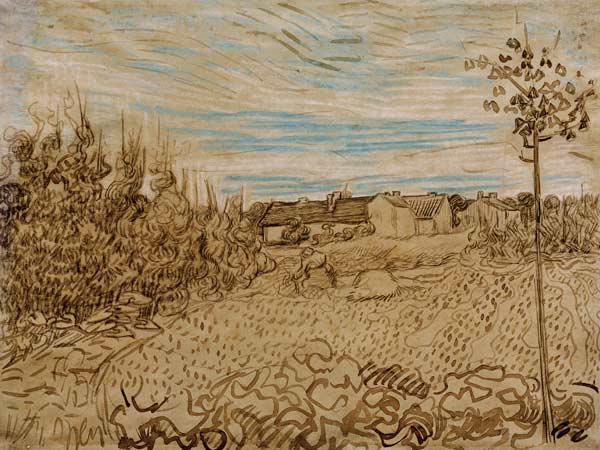 V.v.Gogh, Cottages w.Woman.../Draw./1890 a Vincent Van Gogh