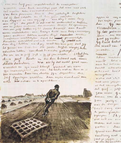 Man pulling a harrow (pen) a Vincent Van Gogh