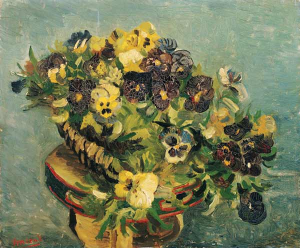 Basket of pansies on a small table a Vincent Van Gogh