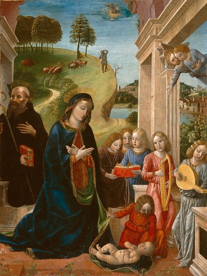 Adoration of the Child with St. Benedict and Angels a Vincenzo Foppa