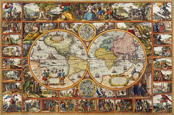 Map of the earth in hemispheres (commander card) a Visscher Claes Jansz. Piscator