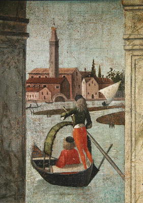 The Arrival of the English Ambassadors, from the St. Ursula Cycle, detail of a gondola, 1490-96 (oil a Vittore Carpaccio