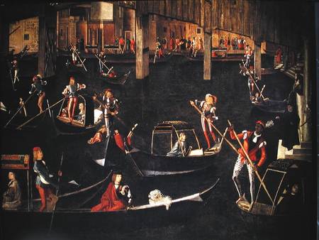 Gondoliers on the Grand Canal, detail from The Miracle of the Relic of the True Cross on the Rialto a Vittore Carpaccio