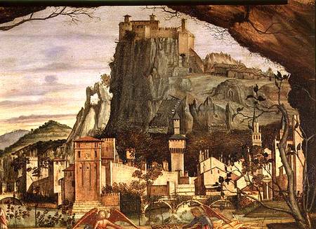 Sacre conversazione, detail of the town and castle in the background a Vittore Carpaccio