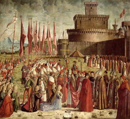 The Pilgrims Meet Pope Cyriac before the Walls of Rome, from the St. Ursula Cycle, 1498 (oil on canv a Vittore Carpaccio