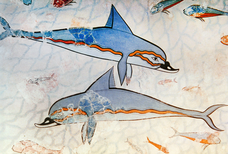 Detalle de dos de los delfines que forman parte del panel marino que decora el megarón. a Vittorio Zecchin