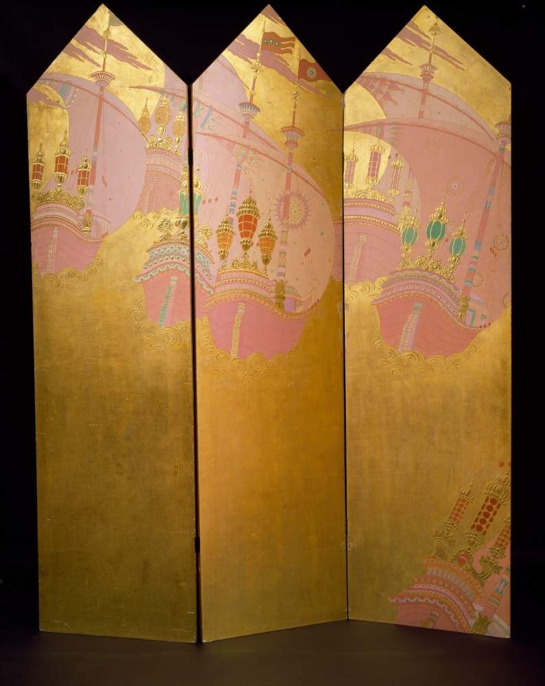 Art deco screen in gilded wood with polychrome galleons, by Vittorio Zecchin a Vittorio Zecchin