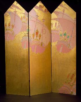 Art deco screen in gilded wood with polychrome galleons, by Vittorio Zecchin