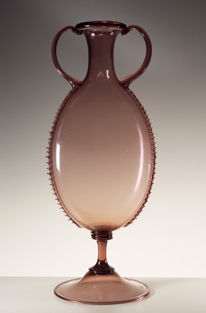 Pink glass amphora with notched edging worked using pliers a Vittorio Zecchin