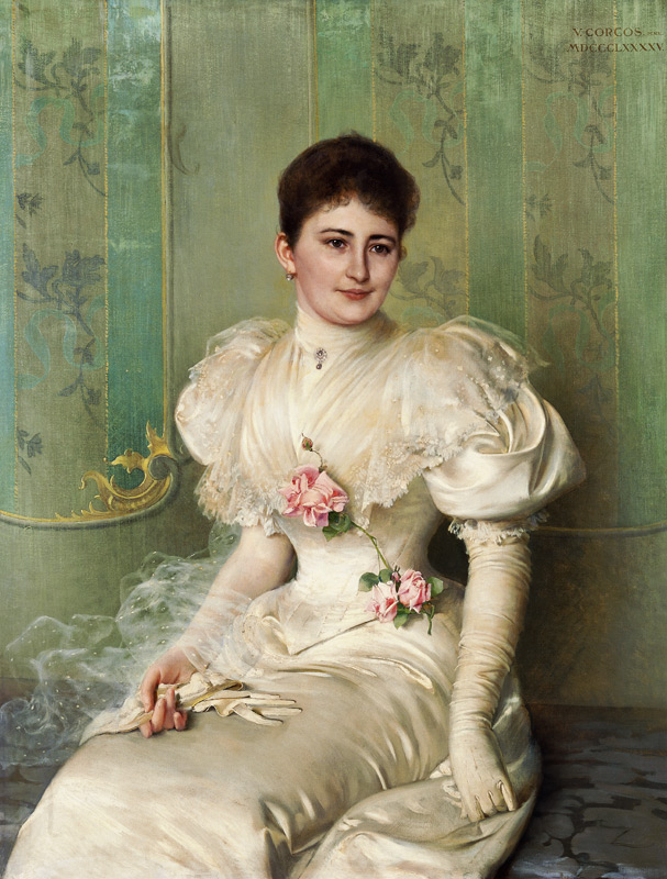 Portrait einer Dame in einem weißen Kleid a Vittorio Matteo Corcos