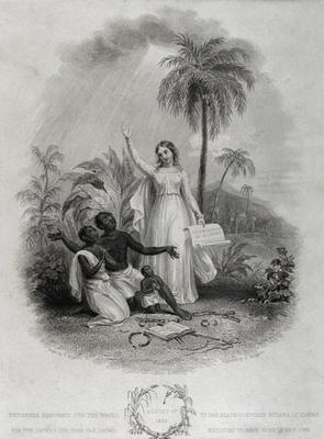 Britannia Giving Freedom to Poor African Slaves, engraved by J. Bridgens, 1838 (engraving) a W. Green