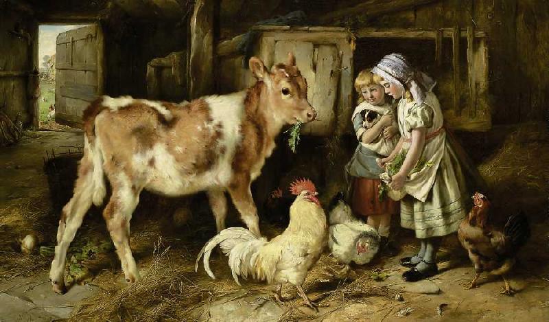 Children feed a calf and chickens a Walter Hunt