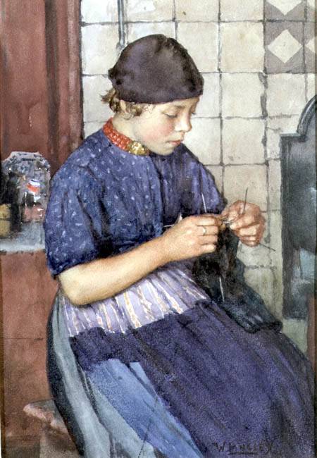 Girl Knitting a Walter Langley