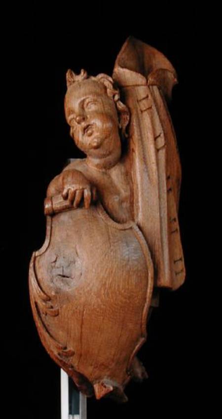 Carved putto with shield and cape a Walter Pompe