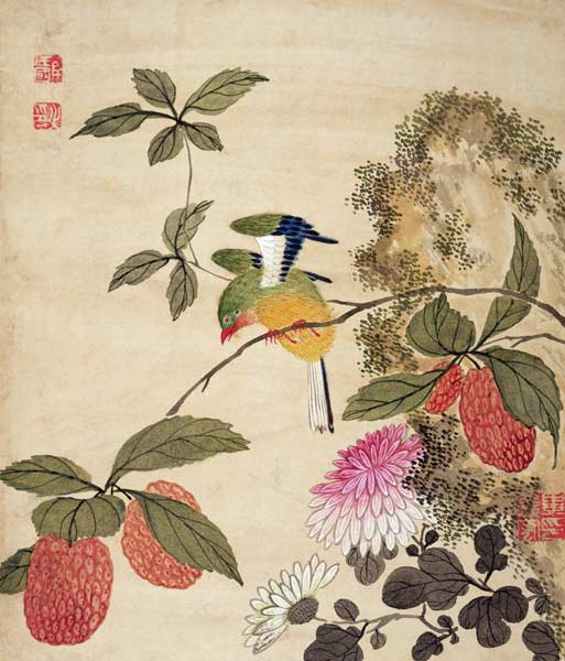 One of a series of paintings of birds and fruit a Wang  Guochen