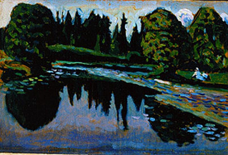 Achtyrka -- park pond with figures in front of 1908 or a Wassily Kandinsky