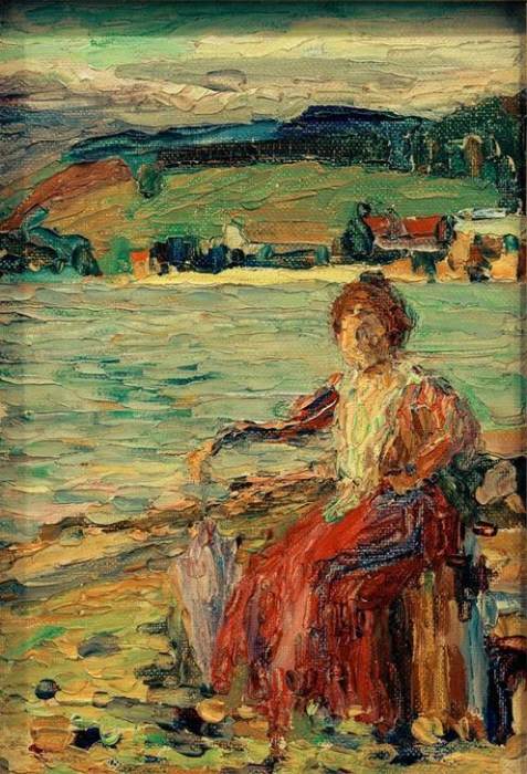 Lady in Red Dress at the Lakefront a Wassily Kandinsky