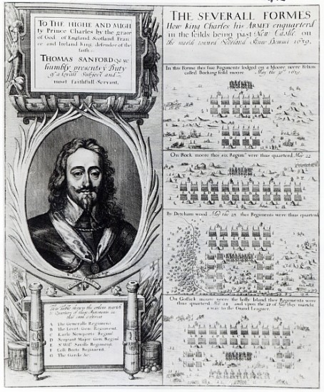 Portrait of King Charles I with diagrams showing the formation of his troops during the Bishops'' Wa a Wenceslaus Hollar