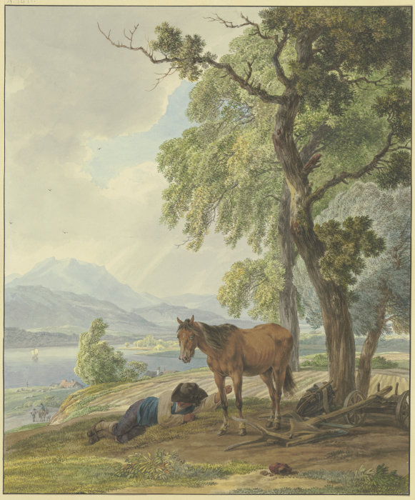 Ruhender Bauer mit seinem Pferd neben dem gepflügten Acker a Wilhelm Alexander Wolfgang von Kobell