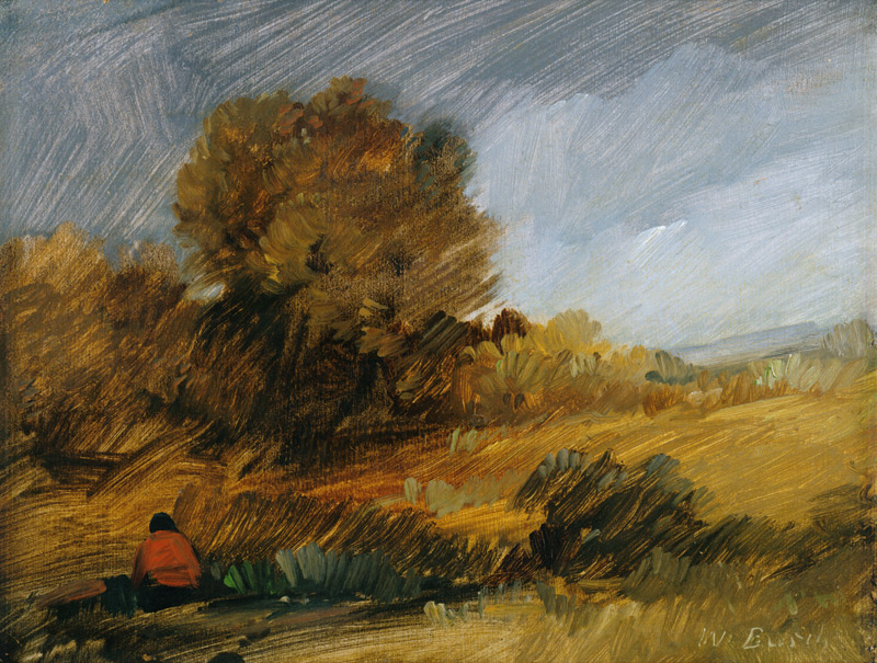 Automn landscape with a red figure a Wilhelm Busch