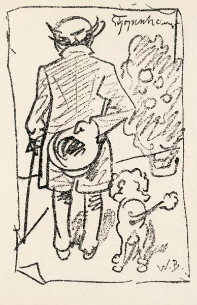 Schopenhauer Arthur Philosoph Danzig mit Pudel (Karikatur)