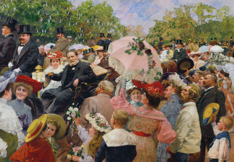 Karl Lueger, Bürgermeister von Wien, in der Kutsche beim Blumenkorso im Prater. a Wilhelm Gause