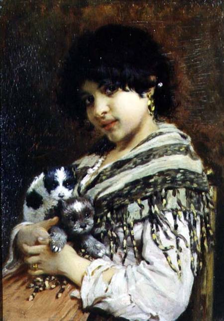 Gypsy Girl with Two Puppies a Wilhelm Johannes Maertens