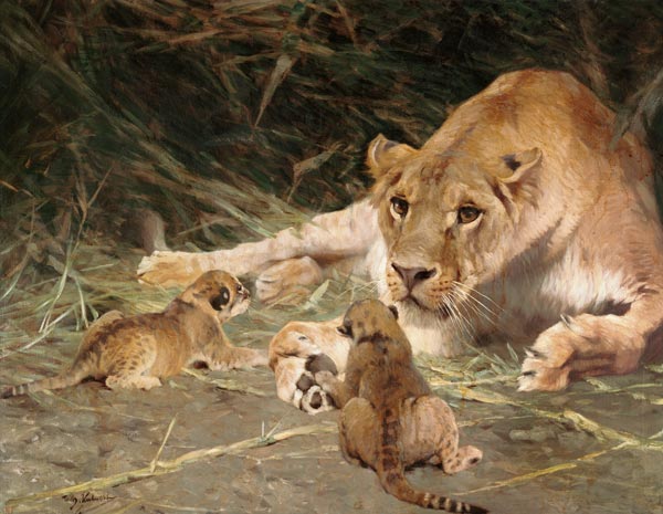 A Lioness and Her Cubs a Wilhelm Kuhnert