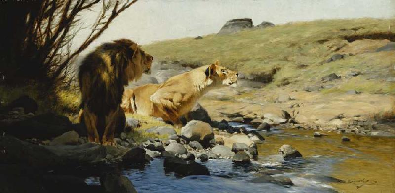 Ein Löwe und eine Löwin an einem Bach. a Wilhelm Kuhnert