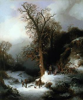 Hunting scene in a winter landscape.