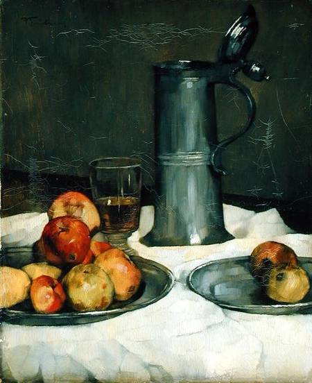 Still life with apples and pewter jug a Wilhelm Trubner