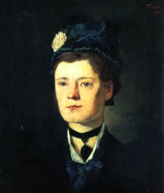 Lady with a blue hat. a Wilhelm Trübner