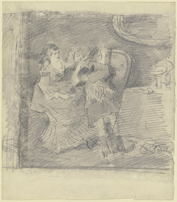 Dame und Herr mit Kind auf einem Sofa, daneben Tisch mit Glas und Fruchtschale a Wilhelm Trübner