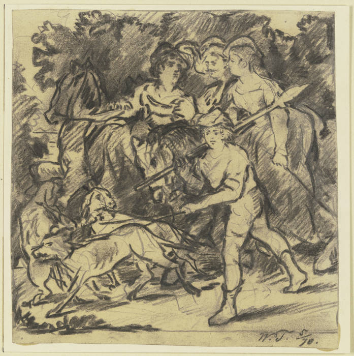 Zwei Edelfräulein und ein Knappe reiten auf die Jagd, dabei Bursche und Rüden a Wilhelm Trübner