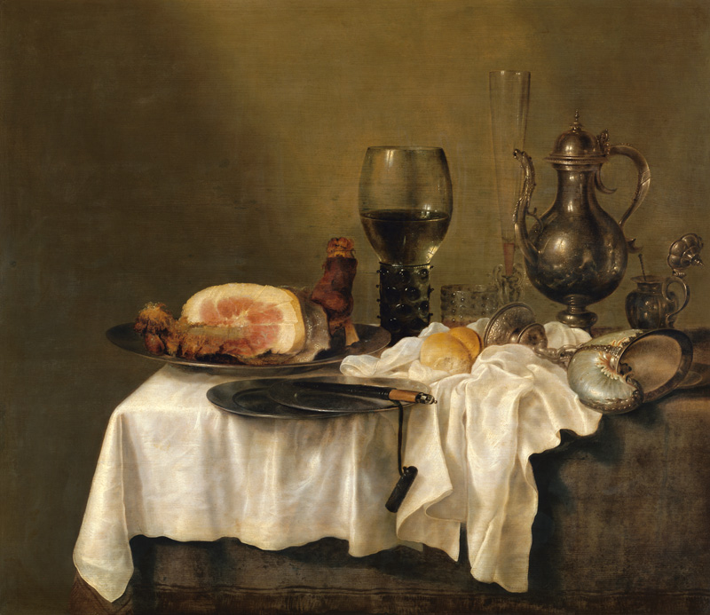 Breakfast table with a ham a Willem Claesz Heda