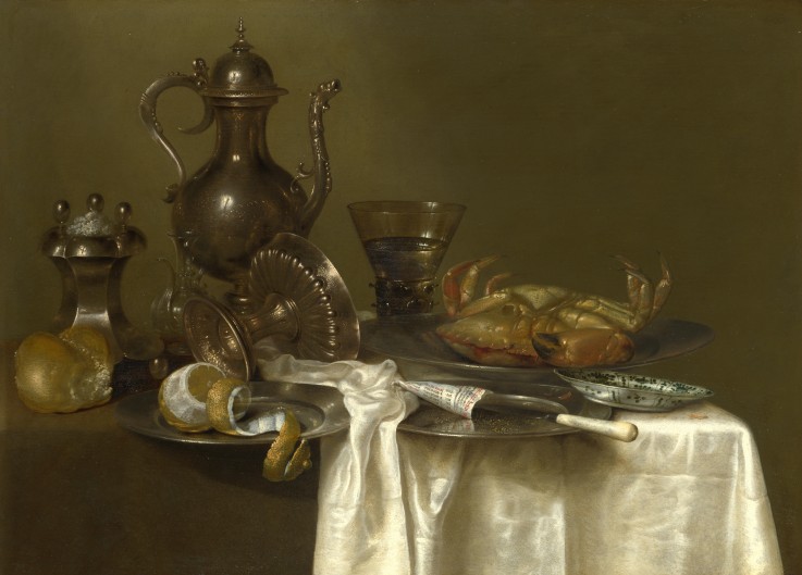 Still Life: Pewter, Silver Vessels and a Crab a Willem Claesz Heda